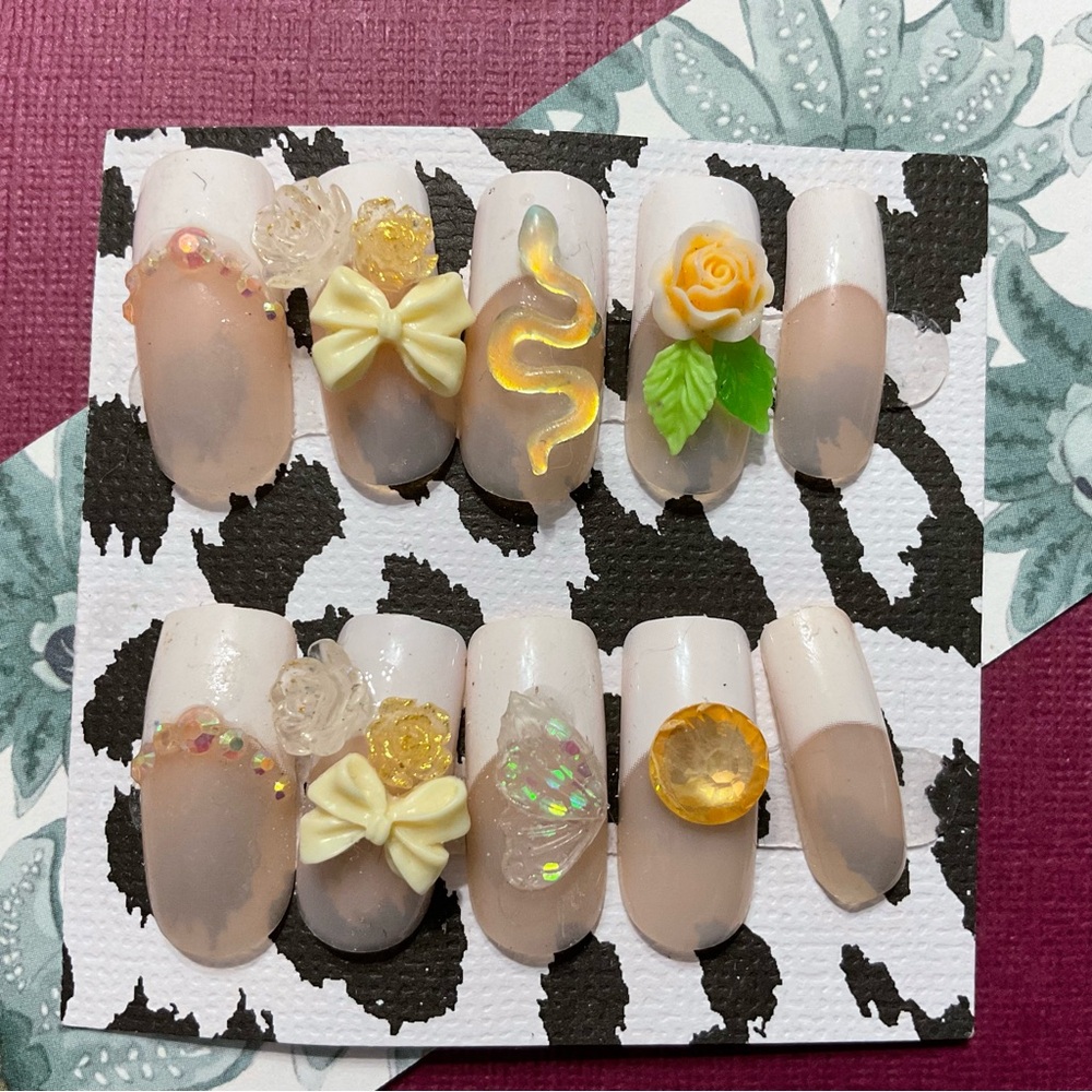 Press On Nail Art Set with 3D Floral Accents-Lemon Peel Collection-#062